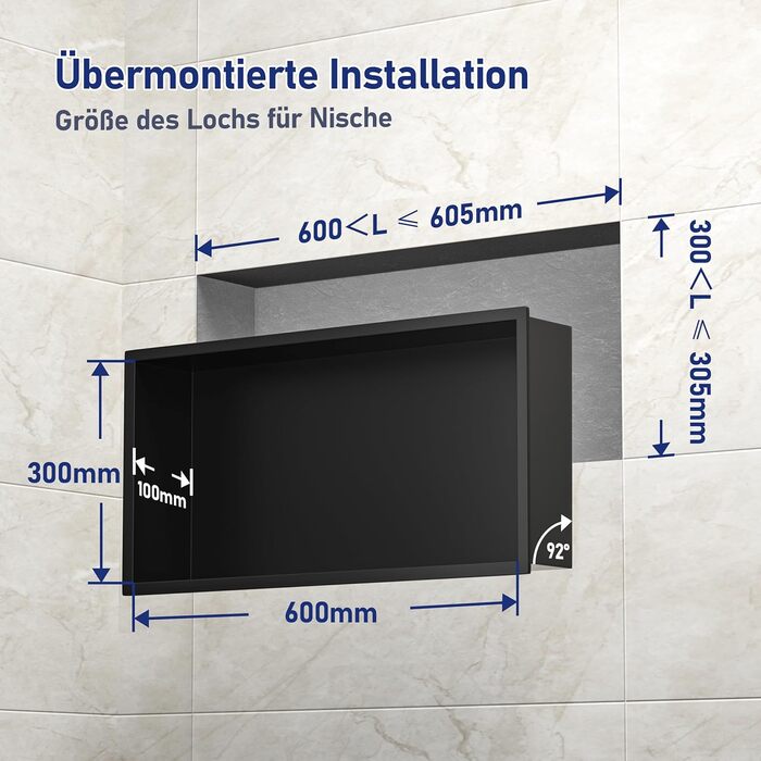 Stainless Steel Corner Shower with LED Strip Lighting, 60 cm x 30 cm, Waterproof - No Tiles Required, Bathroom Storage, Niche, Matte Black
