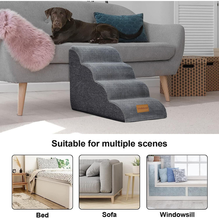 Сходинки для собак: широкі, 4 сходинки, 50 см, для маленьких собак, з високощільним пінопластом, знімний чохол, неслизьке дно, 51x72x41 см