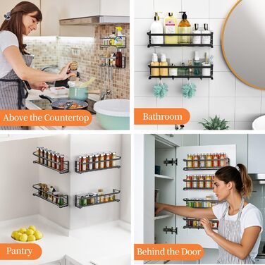 Стильна підставка для спецій на 4 відділення з металу, чорна, самоклеюча, без свердління, для кухонної шафи та дверей