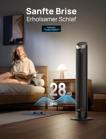 DREO Smart Tower Ventilator: Тихий вентилятор з Wi-Fi, дистанційним керуванням та керуванням голосом (Alexa), 90° осциляція, 5 швидкостей, 12-годинний таймер, сріблястий