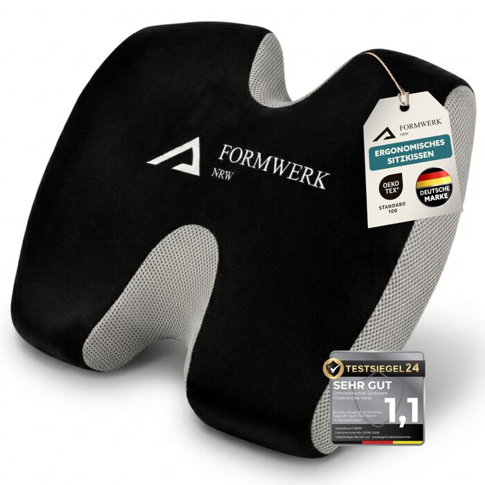 Ортопедична подушка для сидіння Formwerk NRW - Преміум ергономічна подушка для офісу та авто з 3D Memory Foam, сертифікат OEKO-TEX-100 (60-100 кг), чорний