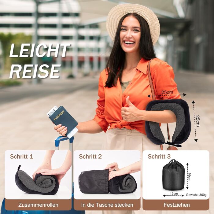 Подушка для шиї у літак, доросла, з піною з пам'яті, регульована, з маскою для сну та берушами, чорна