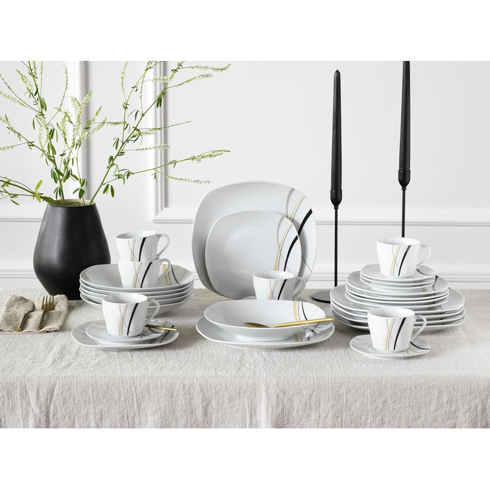CreaTable Geschirrset Square City Line: 12-teilний сервіз для 6 осіб з порцеляни, сумісний з мийною машиною та мікрохвильовою піччю