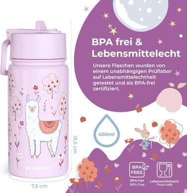Дитяча термопляшка Bearfoot з нержавіючої сталі з трубочкою 400 мл - BPA free, без витоку, для дівчаток та хлопчиків, для школи та садочка (Лідія - Лама)