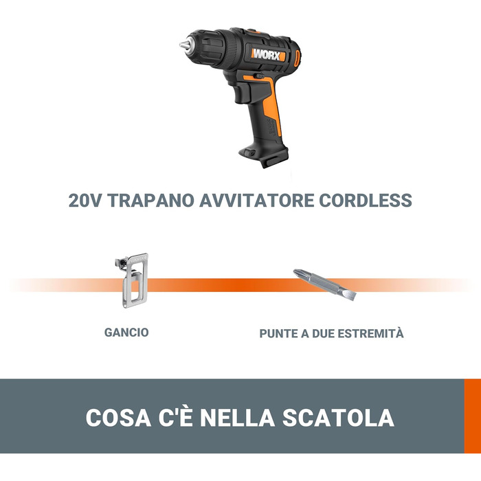 Акумуляторний дриль-шурупокрут WORX WX108 20V – універсальний інструмент для свердління та закручування, 20+1 момент затягування, 10 мм патрон, 2x2Ah акумулятори та зарядний пристрій