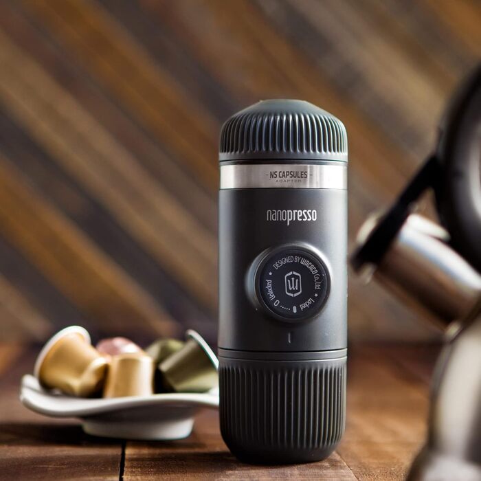 WACACO Nanopresso Portable Espresso Machine with NS Adapter, Compatible with *Nespresso®* Capsules and Ground Coffee, Manual Travel Coffee Machine Set, Perfect for Camping