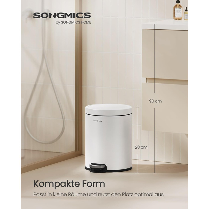 Сміттєвий кошик для ванної кімнати SONGMICS PLUSHIC з кришкою та системою плавного закривання, сталевий, білий, 6 л (20,5 x 26 x 28 см)