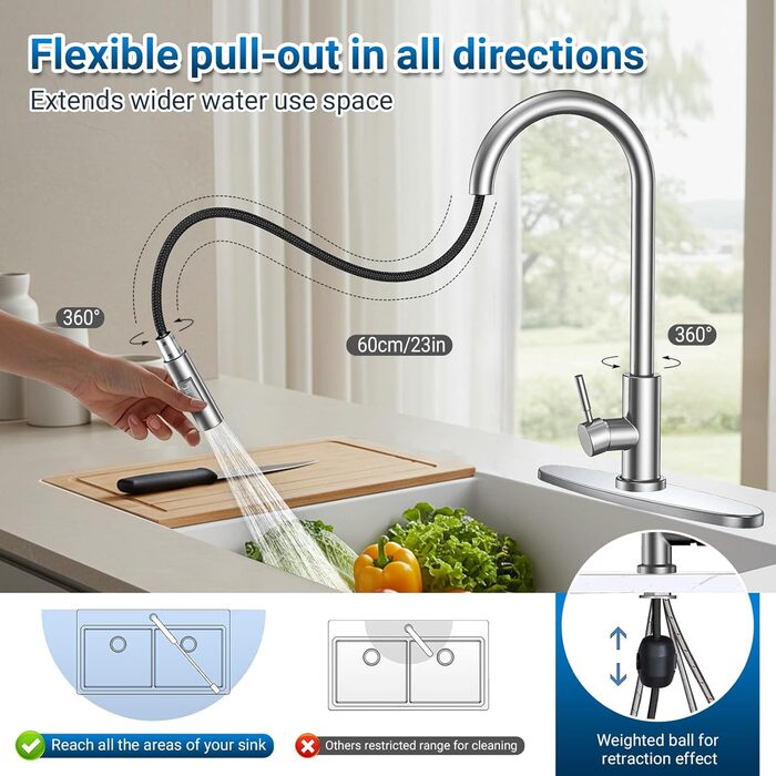 Кухонний змішувач Wasserhahn з висувною лійкою, поворотний на 360°, 2 функції, однорідний, для кухні (сріблястий)