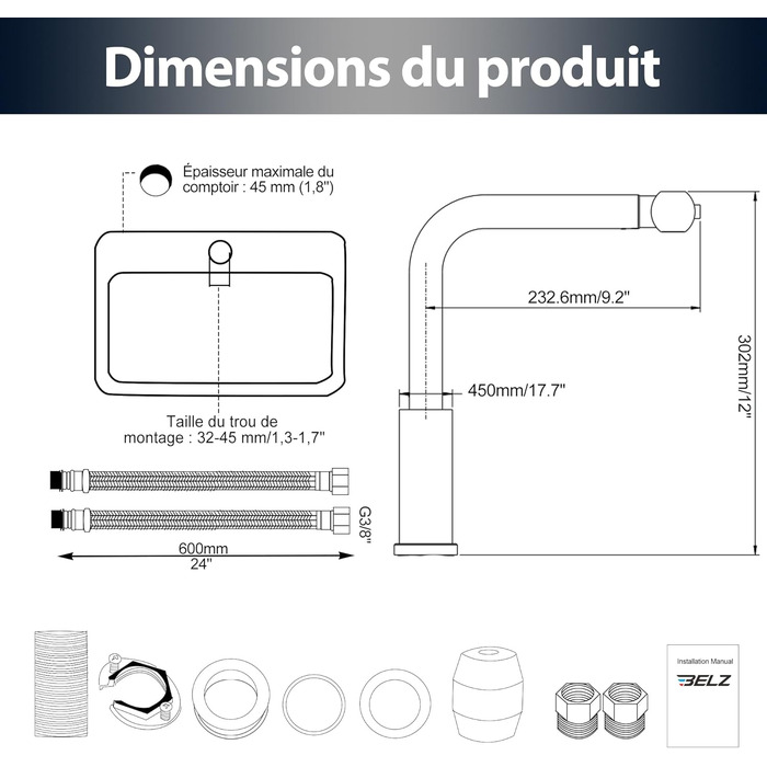 Змішувач для кухні BELZ з висувною лійкою, 3 режими, поворотний на 360°, нержавіюча сталь SUS304, матовий нікель