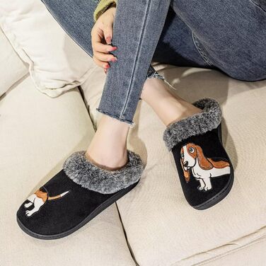Тапочки домашні жіночі/чоловічі з вишивкою у вигляді собаки, теплі, з плюшевою підкладкою, зимові, чорні (42/43 EU)