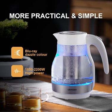 Електричний чайник GRIFEMA 0.8L, 1100W з фільтром від накипу, тихий, швидкий, BPA-Free, для подорожей, автоматичне вимкнення, захист від перегріву, білий (скло з ситом 1.7L)