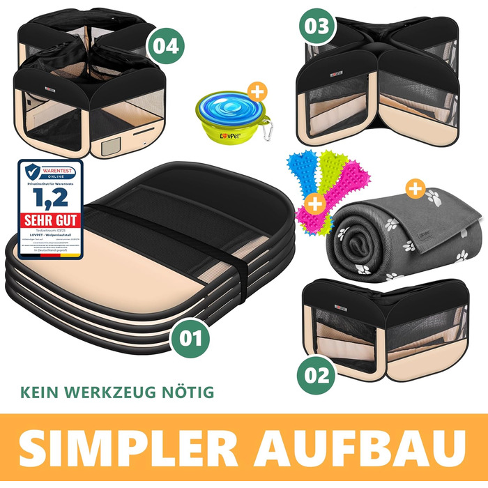 LOVPET® Foldable Pet Playpen with Food Bowl & Fleece Blanket - Indoor/Outdoor Dog & Cat Pen, Pop-Up Crate, Oxford Fabric, Grey/Black