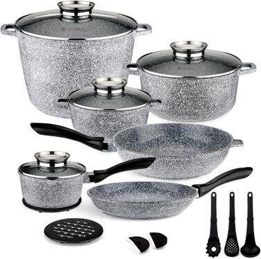 Набір каструль та сковорідок EliteHoff 17 предметів з антипригарним покриттям, сумісний з усіма плитами, нержавіюча сталь, сірий (E-7027)