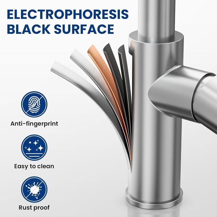 Змішувач кухонний CECIPA з витяжною насадкою, висувний, з двома режимами струменя, поворотний на 360°, одноlever, нержавіюча сталь, срібло