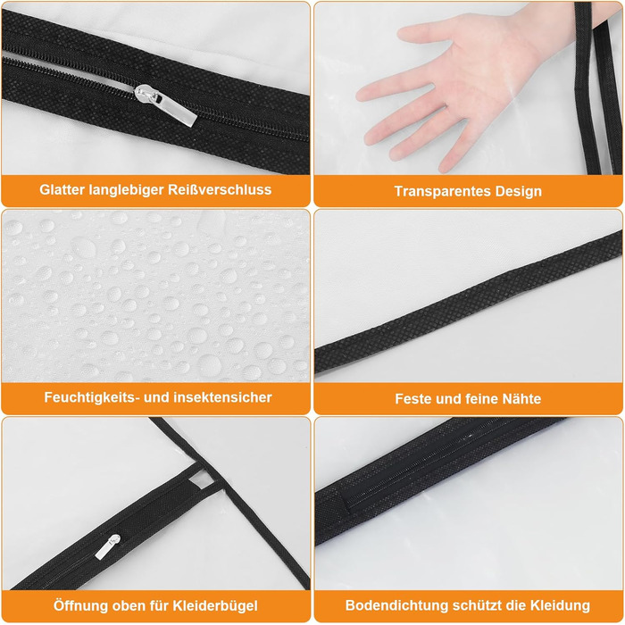 12 містких мішечків для одягу Dntorx, 60x100 см, PEVA, прозорі, з блискавкою. Захист для костюмів, сорочок, пальто.