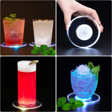 MEDOYOH 8-Piece Cool White LED Coasters - Glowing for Drinks, ON/Off Switch, Drink Coaster Set, Waterproof Acrylic Round Coasters for Glasses, Bottles, Parties, Weddings, Bar, Christmas, Pub