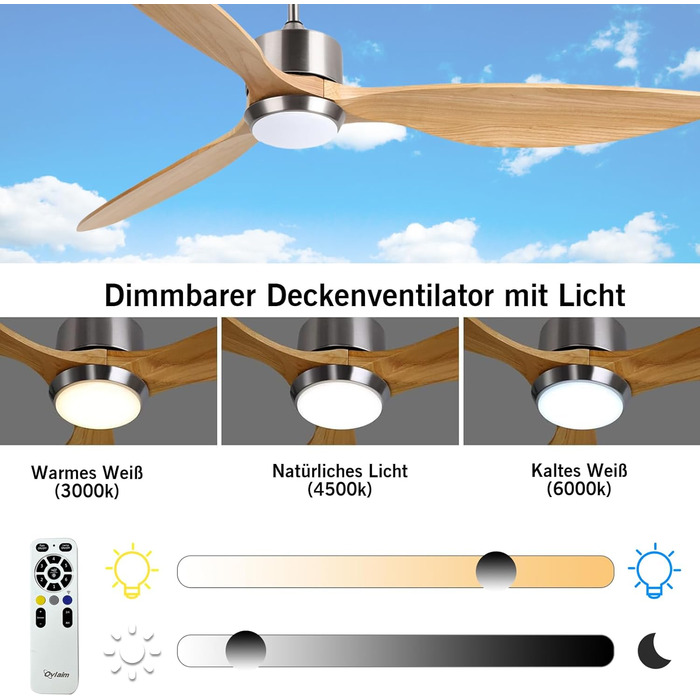Стеляний вентилятор Ovlaim з освітленням та пультом керування, тихий DC мотор, 3 лопаті, Smart, для вітальні/спальні, натуральний & сріблястий (Burlywood/Silver, 165 см)