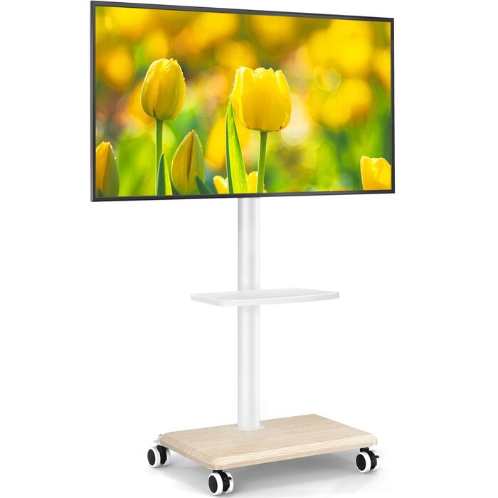 Мобільна тумба під телевізор з поличкою, поворотна, регульована по висоті, 27-60 дюймів, до 40 кг, VESA 400x400 мм (Бежевий)