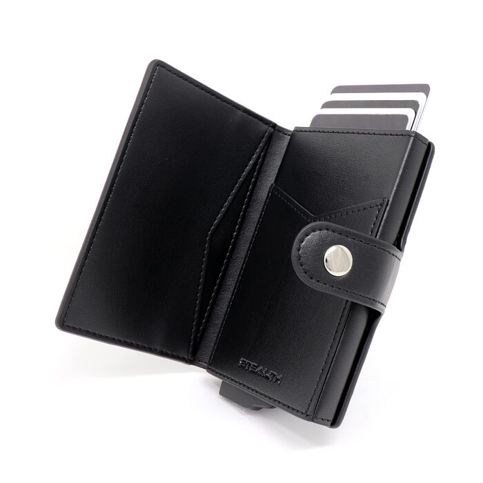 Гаманець чоловічий RFID Stealth Wallet - мінімалістичний висувний картхолдер з алюмінію та шкіри (чорний). Захист від сканування карт