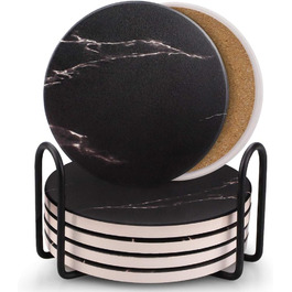 Coasters for Drinks, Absorbent Ceramic Stone Coasters Set with Metal Holder Stand, Cork Base, Marble Surface Pattern, Cup Placemats for Home Decor, Set of 6 - White (Black)