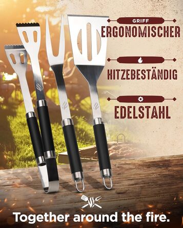 HORUS 23 Набір аксесуарів для гриля – 4 предметний набір: щипці, лопатка, виделка та термостійкий рукавичка