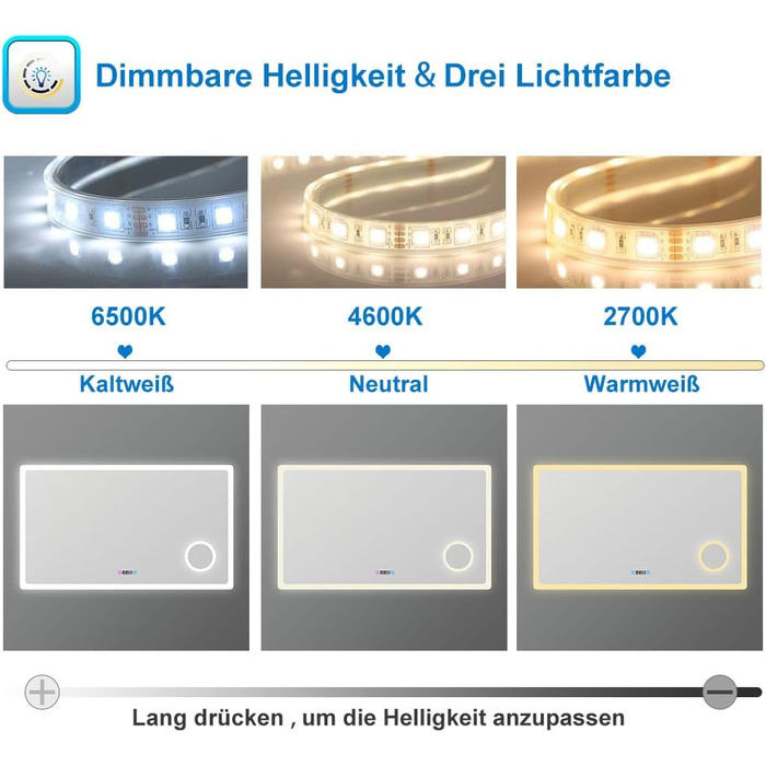 Дзеркало для ванної кімнати з підсвічуванням, 3 кольори, регулювання яскравості, пам'ять, 70x50 см, LED, годинник, антизапотівання, енергозбереження