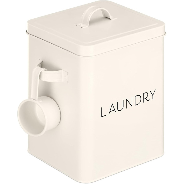Navaris Laundry Detergent Box with Measuring Spoon - Metal Storage Box for Laundry Detergent - Laundry Dose Lid - Vintage Washing Powder Box Container - white