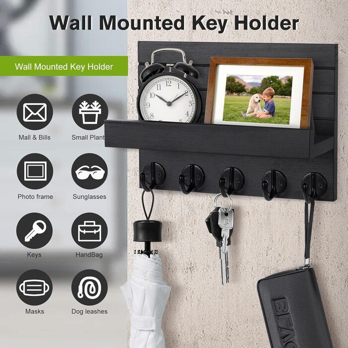 Дерев'яне ключниця на стіну з полицею, чорний колір, 5 гачків, для прихожої, спальні, вітальні