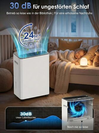 Електричний осушувач повітря з автоматичною та безперервною подачею води (шланг у комплекті), для спалень та підвалів, LED-дисплей, тихий з таймером (12л/день)