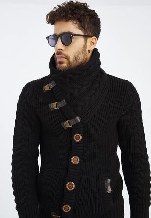 Чоловічий светр Leif Nelson з коміром-шарфом, Slim Fit, зимовий, повсякденний, великий в'язаний, чорний худі-светр LN7080 Cael (S, Чорний)