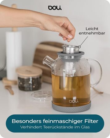 Скляний чайник Doli 1,5 л з сіткою з нержавіючої сталі, чорний — для гарячих та холодних напоїв, підходить для посудомийки, BPA-free