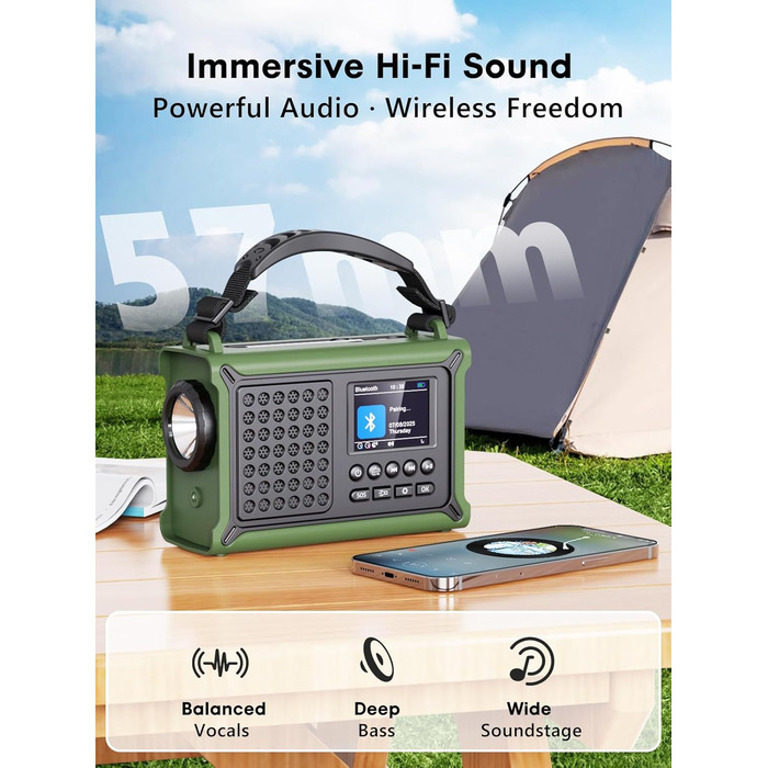 ROCAM Портативне радіо DAB+ з Bluetooth, 12000mAh, радіо з ручкою, сонячна панель 8500мм², 650mA, DAB/UKW, 2.4' дисплей, 80 станцій, LED ліхтарик, USB, SOS, IPX6, для надзвичайних ситуацій, зелене