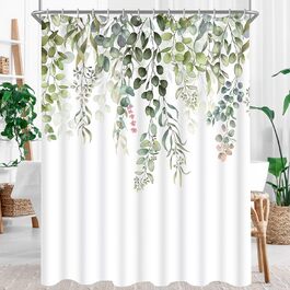 Штора для душу 200x200 см, зелені листки, антигрибкова, текстильна, водовідштовхувальна, поліестер, з кільцями (1 шт)