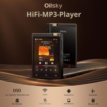 HiFi MP3 плеєр Oilsky 80GB з Android 9.0, Bluetooth та WiFi, цифровий аудіоплеєр з підтримкою DSD512 та Spotify, 2.8