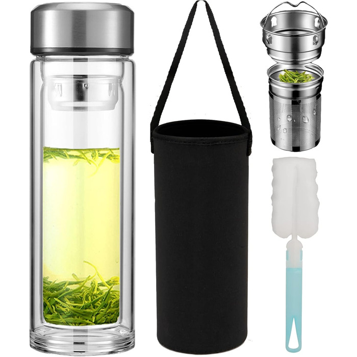 Double-walled glass tea bottle, 1 liter, with 2-in-1 stainless steel strainer for on-the-go use. 1000ml large volume, tea bottle 100% leak-proof, 1 l