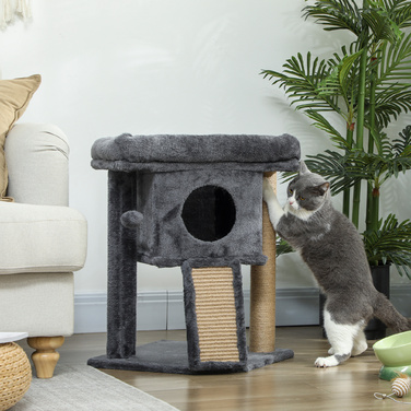 PawHut Cat Tree with Jute Scratching Mat, Lounging Platform, Play Ball, Cat House, Beige, 40 x 40 x 57 cm
