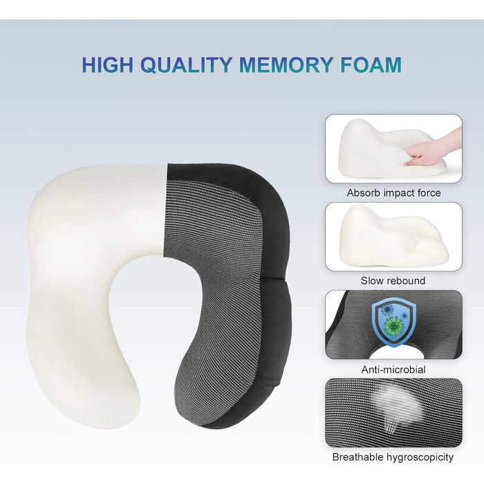 Подушка для шиї Eono з Memory Foam, ергономічна, для подорожей, з маскою для сну та навушниками, чорна