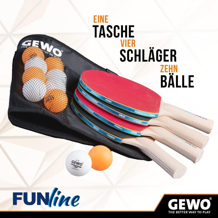 Набір для настільного тенісу GEWO Fun: одиночні та комплекти (1-4 ракетки, м'ячі, сумка, сітка) – для початківців, хобі та розваг. Поверхня з пористою структурою, конкавний хват. 2 ракетки + 3 м'ячі + сітка (4 ракетки + 10 м'ячів + сумка)