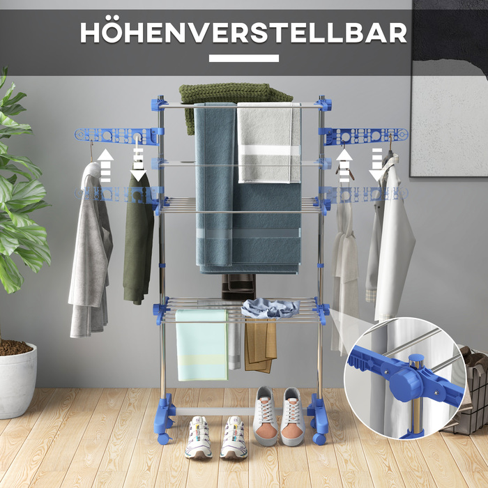 HOMCOM Clothes Dryer Tower with Wheels, 3 Tiers, Foldable Side Wings, Steel, Blue | Aosom