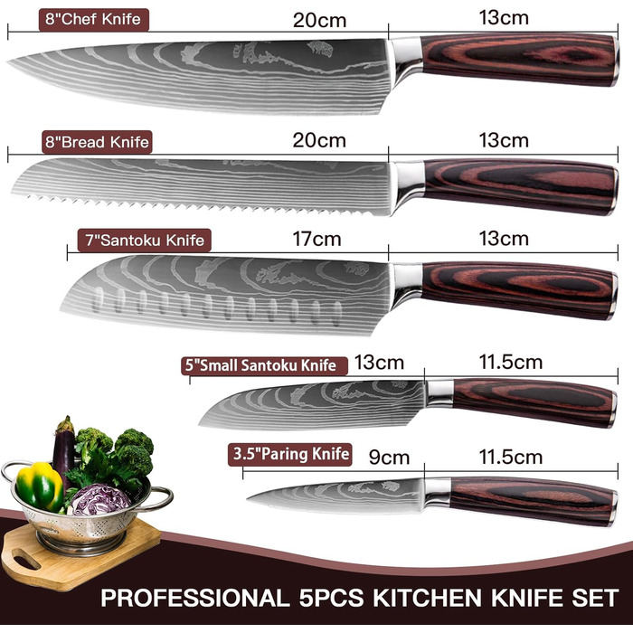 Набір кухонних ножів 5 шт. з нержавіючої сталі, преміум якість, ергономічні дерев'яні ручки, професійний кухонний набір, подарункова коробка