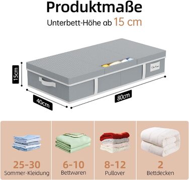 Комод під ліжко LAMU 2 шт., ящик для зберігання під ліжко з кришкою, великий, складний, сумка для зберігання одягу з віконцем та 4 ручками для ковдр, одягу, взуття, сірий, 80x40x15 см, 48 л, сірий