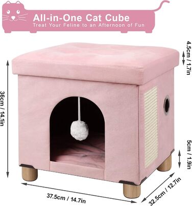 BRIAN & DANY Foldable Cat Cave Large Cat, Cat House Cave for Cats with Scratch Board and Play Ball, Storage Ottoman Seat Stool Footstool with Wooden Feet 37.5 x 32.5 x 36 cm, (Pink)