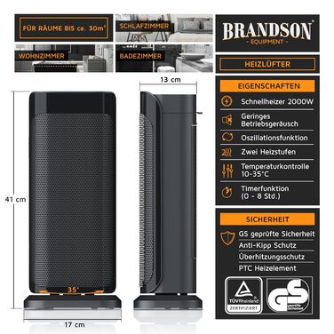 Керамічний обігрівач Brandson 2000W, тихий, енергоощадний, з дистанційним керуванням, холодний режим, 2 потужності, осциляція, для офісу, вітальні, спальні, чорний