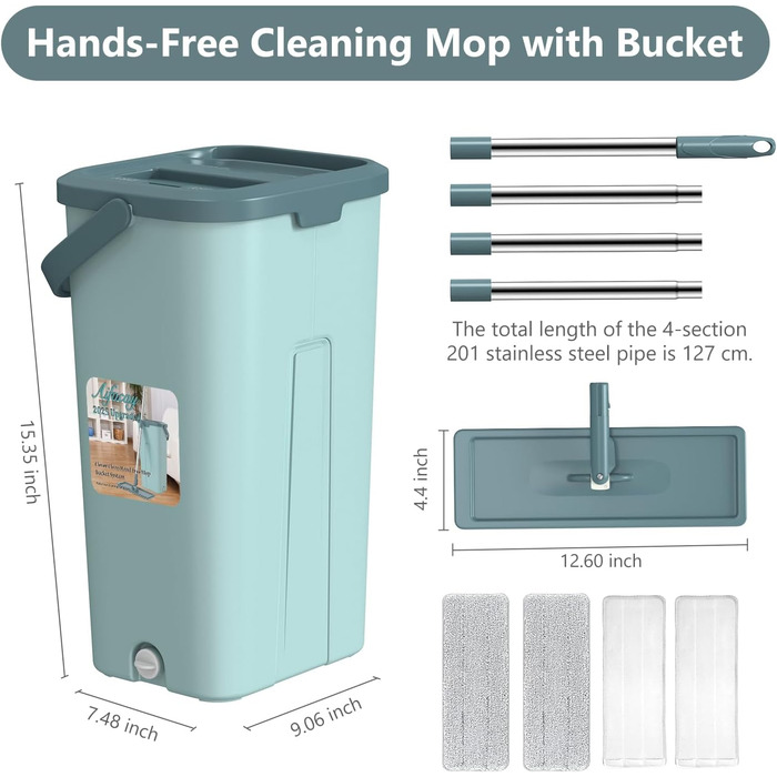 Швабра з відром Aifacay – покращена модель, безкоштовне натискання, гнучкий на 360° наконечник з 3 мікрофібровими накладками, подовжена ручка з нержавіючої сталі 150 см для миття підлоги