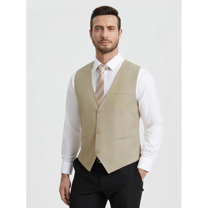 Костюмний жилет чоловічий HISDERN: елегантний, slim fit, для весілля та офіційних заходів, 3 ґудзики, кишені, S-4XL, бежевий XL