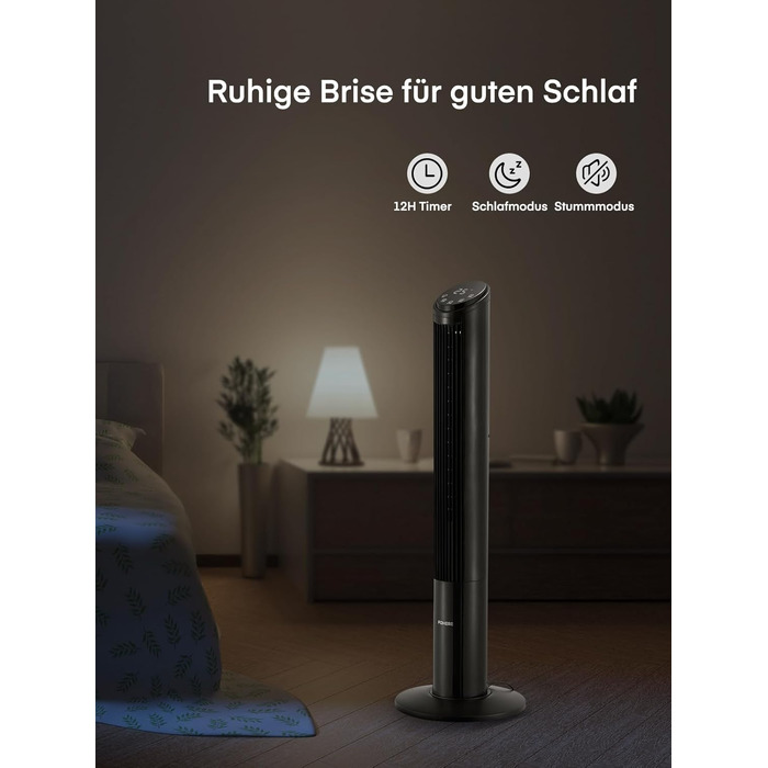 FOHERE Вентилятор Тур - Безшумний, 102 см, з пультом, 4 режими, 12 швидкостей, таймер 12 год, швидкість 7,6 м/с, для дому, спальні, офісу, чорний