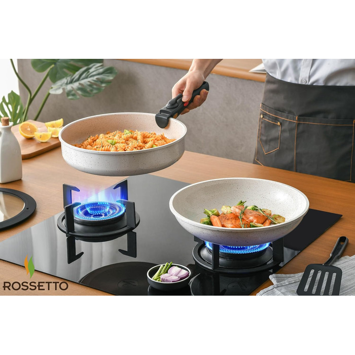 Набір посуду ROSSETTO 23 предмета з знімними ручками та керамічним антипригарним покриттям, складається для зберігання. Включає: каструлі, сковорідки, сотейники, казани. Без PFOA та PFOS.