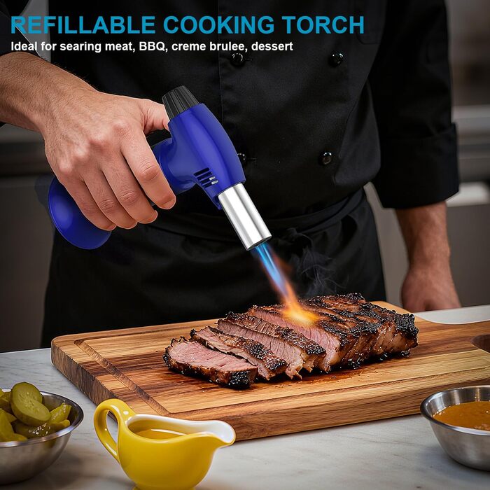 Нагрівач для крем-брюле, заправний, міні-розмір з регулюванням полум'я, для десертів, BBQ (бутан не входить) (синьо-чорний)