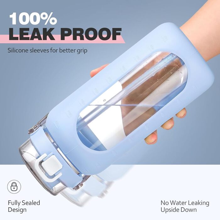 1.9L Glass Water Bottle, Glass Drinking Bottle with Straw and Stainless Steel Handle, Motivational Water Bottle with Silicone Case and Time Marker, Water Pitch (Light Blue2, 1893 ml)