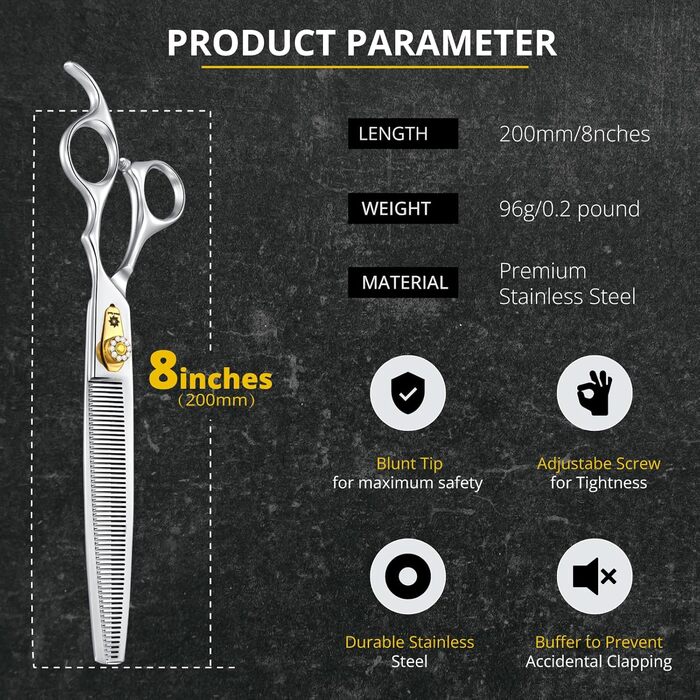 Професійна собача шерсть ножиці Dream Reach 8 дюймів - 440C нержавіюча сталь, ергономічна ручка, для собак та котів